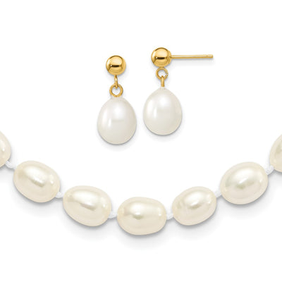 14K White Rice Freshwater Cultured Pearl Necklace and Post Earring Set