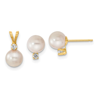 14K White Round Akoya Saltwater Cultured Pearl and .10 Carat Diamond Post Earrings and Pendant Set