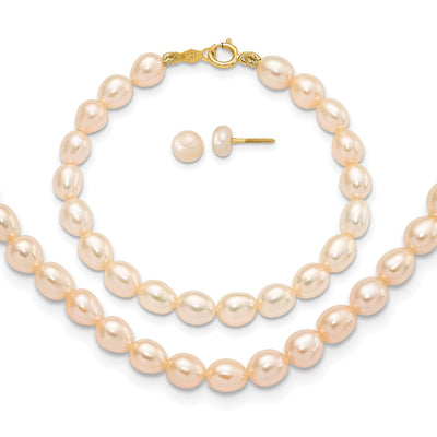 14K Semi-Round Pink Freshwater Cultured Pearl Necklace, Bracelet and Post Earring Set