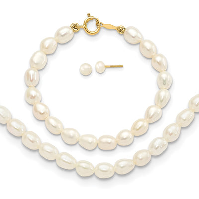 14K Semi-Round White Freshwater Cultured Pearl Necklace, Bracelet and Post Earrings Set