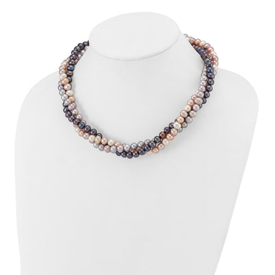 14K White Gold Pink/Gray/Black Near-Round Freshwater Cultured Pearl 3-Strand Necklace