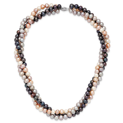 14K White Gold Pink/Gray/Black Near-Round Freshwater Cultured Pearl 3-Strand Necklace