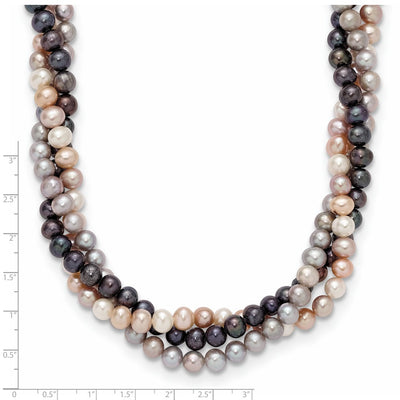 14K White Gold Pink/Gray/Black Near-Round Freshwater Cultured Pearl 3-Strand Necklace