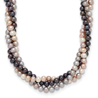 14K White Gold Pink/Gray/Black Near-Round Freshwater Cultured Pearl 3-Strand Necklace