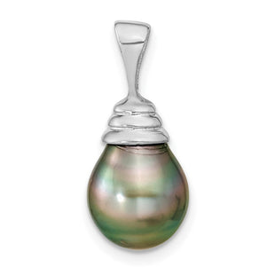 14k White Gold 9- Black Teardrop Tahitian Saltwater Cultured Pearl Pendant (Style XF426)