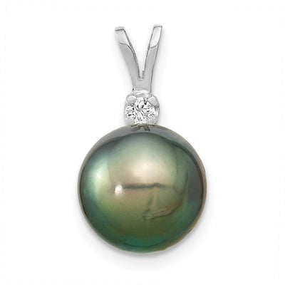 14K White Gold Round Black Tahitian Saltwater Cultured Pearl and .05 Carat Diamond Pendant