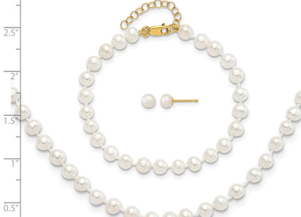14k 4- White Freshwater Cultured Pearl Bracelet with Extension, Necklace with Extension and Post Earrings Set