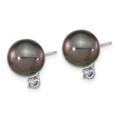 14K White Gold Black Round Tahitian Saltwater Cultured Pearl and .10 Carat Diamond Post Earring