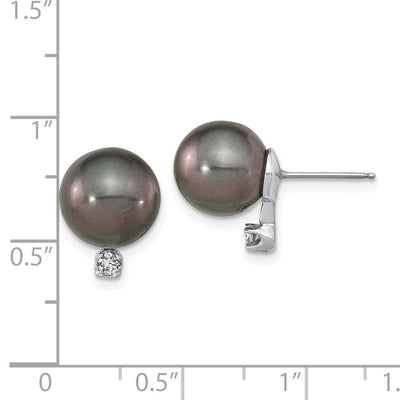 14K White Gold Black Round Tahitian Saltwater Cultured Pearl and .10 Carat Diamond Post Earring