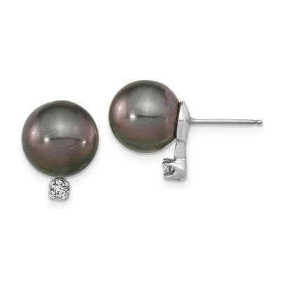 14K White Gold Black Round Tahitian Saltwater Cultured Pearl and .10 Carat Diamond Post Earring