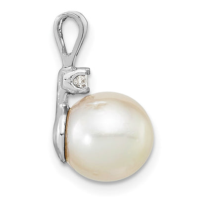 14K White Gold White Round South Sea Saltwater Cultured Pearl and .05 Carat Diamond Pendant