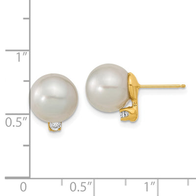 14K White Round South Sea Saltwater Cultured Pearl and .10 Carat Diamond Post Earrings