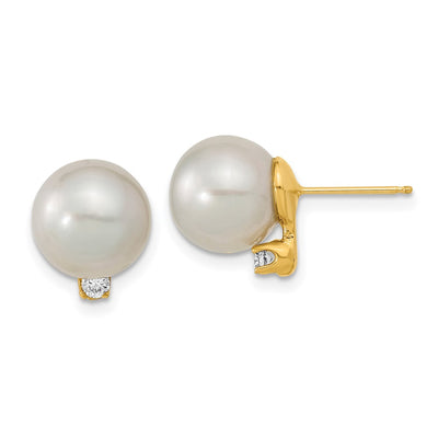 14K White Round South Sea Saltwater Cultured Pearl and .10 Carat Diamond Post Earrings