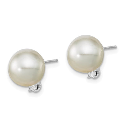 14K White Gold White Round South Sea Saltwater Cultured Pearl and .10 Carat Diamond Post Earrings