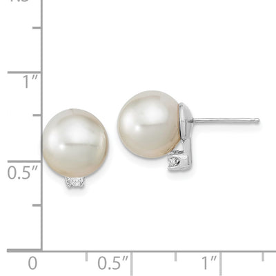 14K White Gold White Round South Sea Saltwater Cultured Pearl and .10 Carat Diamond Post Earrings