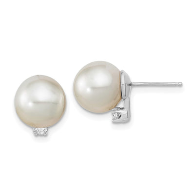 14K White Gold White Round South Sea Saltwater Cultured Pearl and .10 Carat Diamond Post Earrings