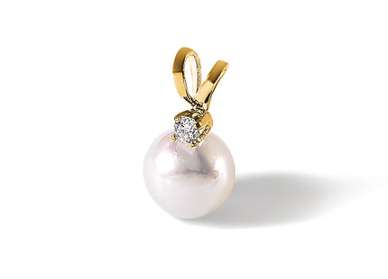 14k 6- White Round Akoya Saltwater Cultured Pearl and .03 Carat Diamond Pendant