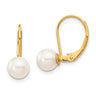 14k 6- White Round Akoya Saltwater Cultured Pearl Leverback Earrings