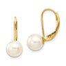 14k 7- White Round Saltwater Akoya Cultured Pearl Leverback Earrings