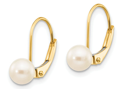 14k 5- White Round Freshwater Cultured Pearl Leverback Earrings, 16.5 x 5 to 6mm