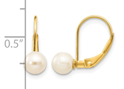 14k 5- White Round Freshwater Cultured Pearl Leverback Earrings, 16.5 x 5 to 6mm