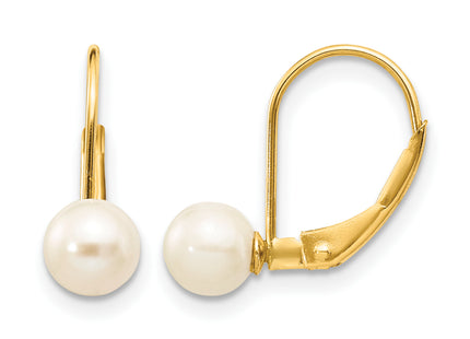 14k 5- White Round Freshwater Cultured Pearl Leverback Earrings, 16.5 x 5 to 6mm