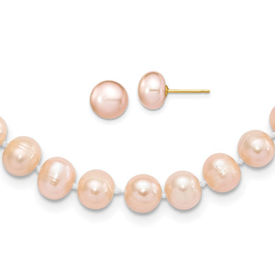 14K Pink Near-Round Freshwater Cultured Pearl Necklace and Button Earring Set