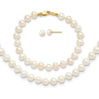 14K White Freshwater Cultured Pearl Necklace, Bracelet and Post Earrings Set