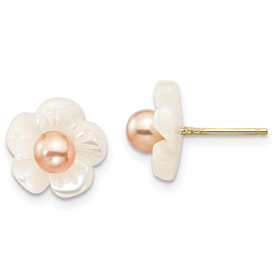 14K Pink Round Freshwater Cultured Pearl and White Mother of Pearl Flower Post Earrings