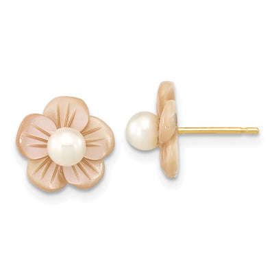 14K White Round Freshwater Cultured Pearl and Pink Mother of Pearl Flower Post Earrings