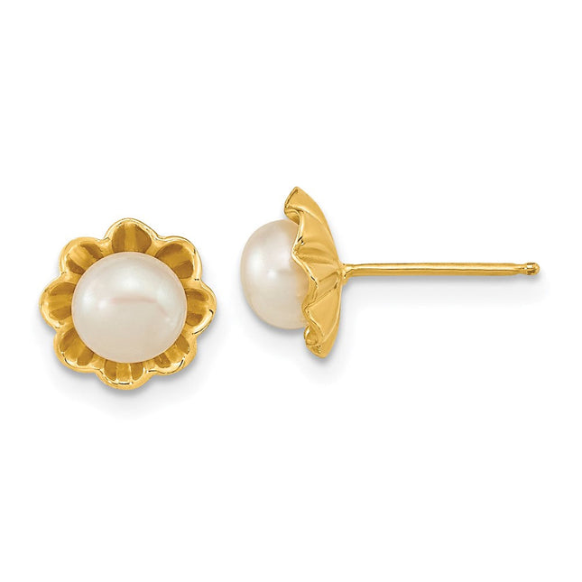 14k 5- White Button Freshwater Cultured Pearl Post Earrings, 11.45 x 6.87mm