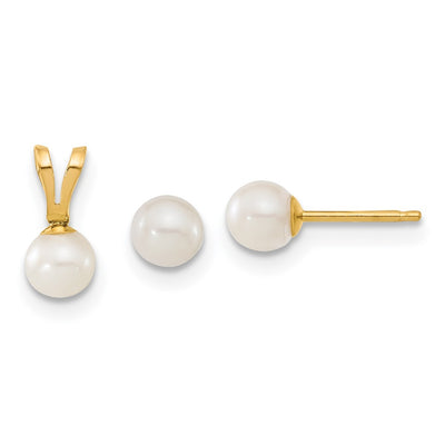 14K Children's White Round Freshwater Cultured Pearl Pendant and Post Earrings Set
