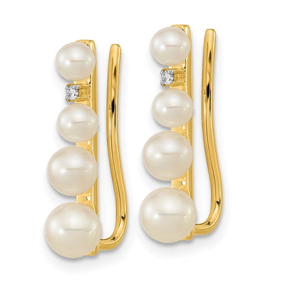 14K FW Cultured Pearl . Diamond Ear Climber Earrings