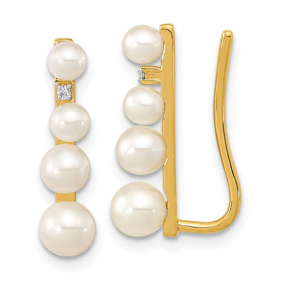 14K FW Cultured Pearl . Diamond Ear Climber Earrings