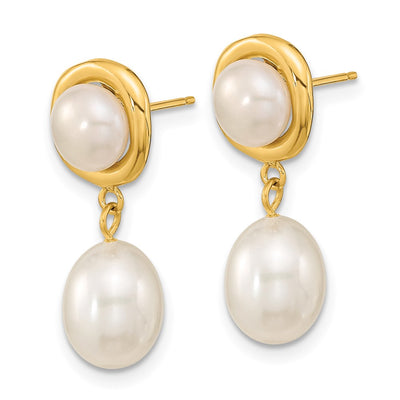 14K White Button and Rice Freshwater Cultured Pearl Post Dangle Earrings