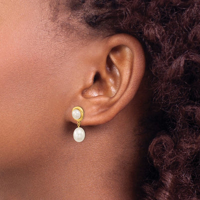 14K White Button and Rice Freshwater Cultured Pearl Post Dangle Earrings