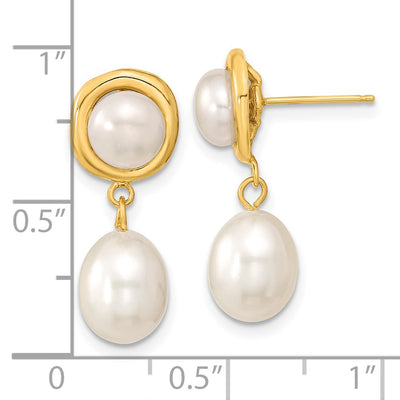 14K White Button and Rice Freshwater Cultured Pearl Post Dangle Earrings