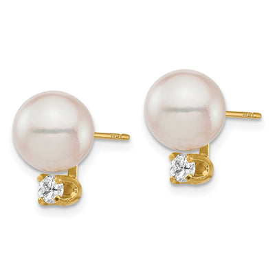 14K White Round Akoya Saltwater Cultured Pearl and 1/5 Carat Diamond Post Earrings
