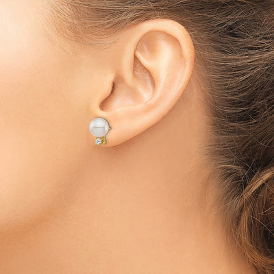 14K White Round Akoya Saltwater Cultured Pearl and 1/5 Carat Diamond Post Earrings