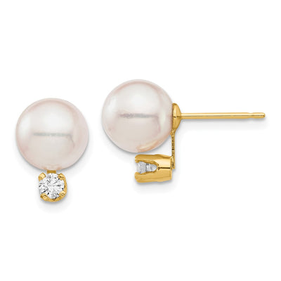 14K White Round Akoya Saltwater Cultured Pearl and 1/5 Carat Diamond Post Earrings