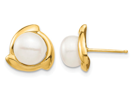 14K 7- White Button Freshwater Cultured Pearl Post Earrings