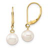 14k 7- White Round Freshwater Cultured Pearl Dangle Leverback Earrings