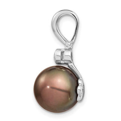 14K White Gold Black Round Tahitian Saltwater Cultured Pearl and .07 Carat Diamond Pendant