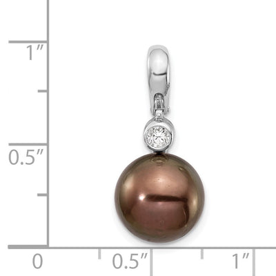 14K White Gold Black Round Tahitian Saltwater Cultured Pearl and .07 Carat Diamond Pendant