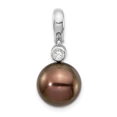 14K White Gold Black Round Tahitian Saltwater Cultured Pearl and .07 Carat Diamond Pendant