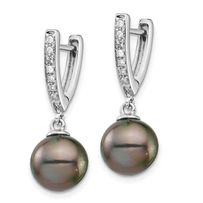 14K White Gold Black Round Tahitian Saltwater Cultured Pearl and .10 Carat Diamond Dangle Earrings
