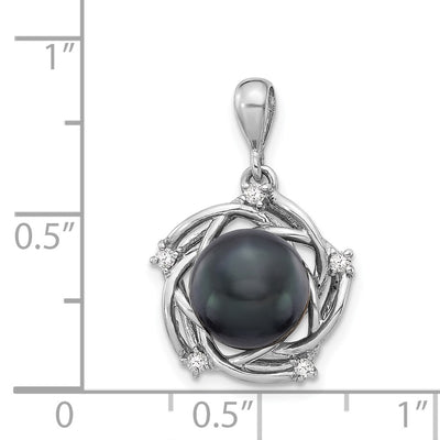14K White Gold Black Round Tahitian Saltwater Cultured Pearl and .075 Carat Diamond Pendant