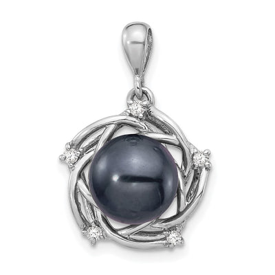 14K White Gold Black Round Tahitian Saltwater Cultured Pearl and .075 Carat Diamond Pendant
