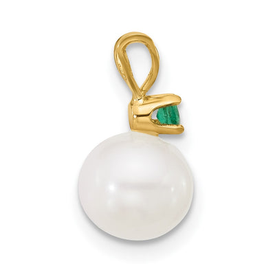 14K White Round Freshwater Cultured Pearl and .09EM Emerald Pendant