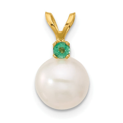 14k8- White Round Freshwater Cultured Pearl and .09EM Emerald Pendant